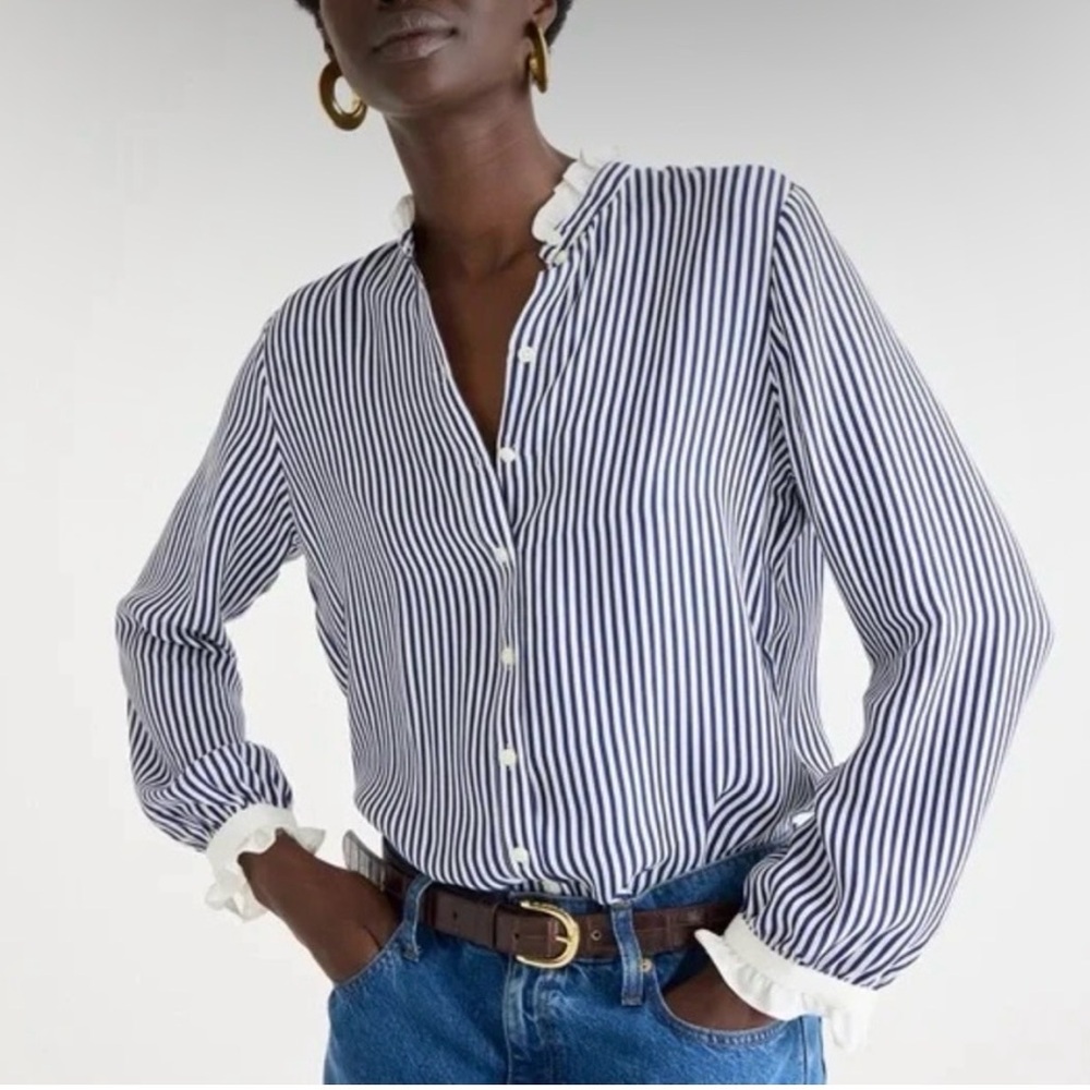 J. Crew Navy and White Vertical Stripe Ruffle-Trim Button Down Shirt